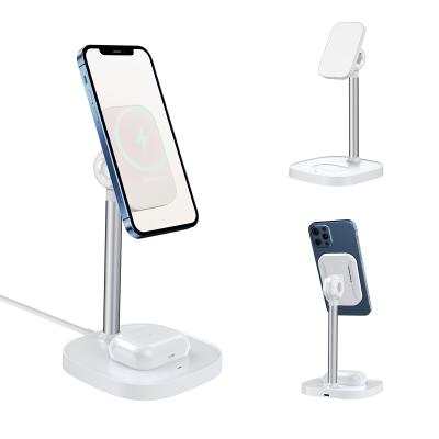 China Phones and earphones can be charged at the same time 2021 new design 15W magnetic 2 charger wireless stand in 1 wireless charging stand for sale