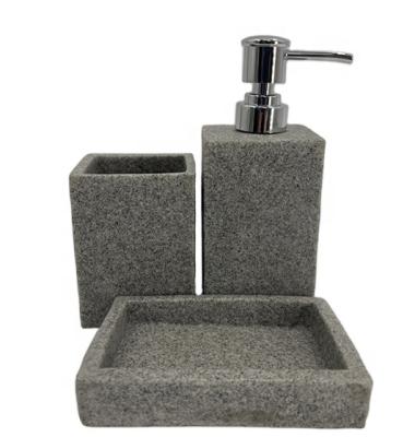 China Sustainable Three Pieces Bathroom Use Handmade Set With Marble Texture And Stone Color Soap Dish Lotion Dispenser Toothbrush Holder Amenity for sale