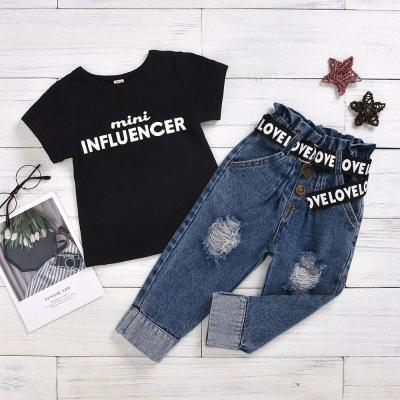 China MKMN Summer Kids Girl 2 Pcs Casual Clothing Set Cute Black Short Sleeve Letter Shirt +Distressed Jeans With Letter Belt For 2-6T for sale