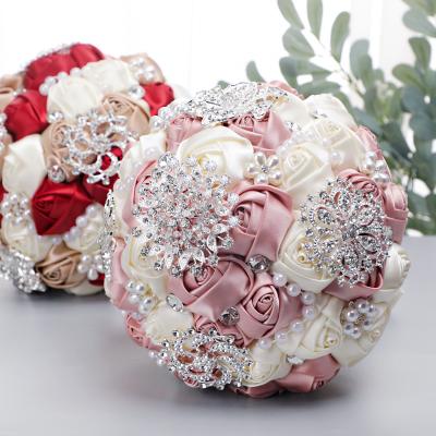 China Wholesale High Quality Hand Made Silk Ivory Rose Indoor Outdoor Decoration Faux Stone Beads Bridal Holding Flowers Artificial Wedding Bouquets for sale