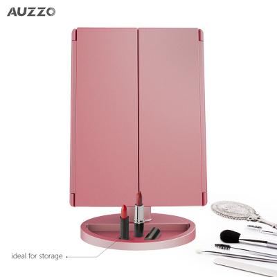 China AUZZO/OEM Triple Led Lights Makeup Mirror Table Top Makeup Desk Foldable Led Cosmetic Mirror for sale