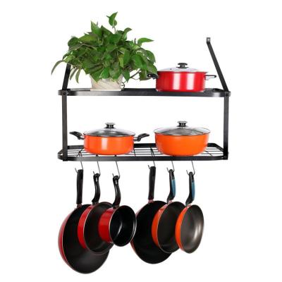 China Sustainable 2 Tier Black Shelf Pot Rack Wall Mounted Pan Hanging Racks For Kitchen for sale