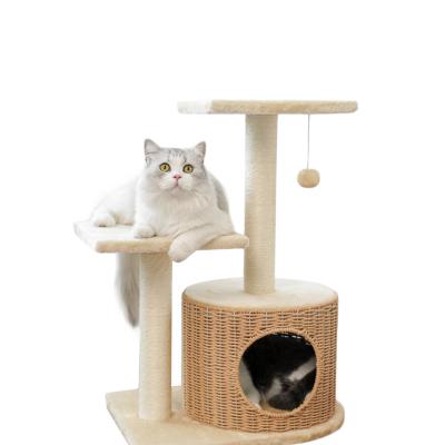 China Sustainable Wholesale Cat Toys Customize Natural Sisal Rope Wrapped Cat House Tree Rattan Cat Tree With Small Ball for sale