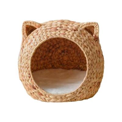 China Hot Selling Water Hyacinth Cat Cave Cat Cage Bed Creative Handwoven Natural Pet Cat Bed Viable Pet Bed for sale