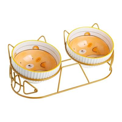 China Designer Custom Luxury Ceramic Dog Food Water Metal Bowl Elevated Stand Viable Hot Selling Pet Ceramic Bowl for sale