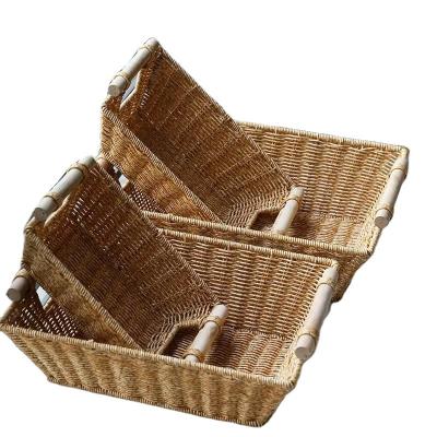 China Household Eco-friendly Plastic PVC Rattan Storage Baskets Wicker Sustainable Storage Fruit Basket With Wooden Handles for sale