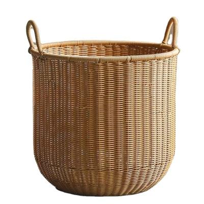 China Economic Friendly Collapsible Plastic Rattan Woven Plush Toys Storage Dirty Basket Clothes Laundry Hamper With Handles for sale