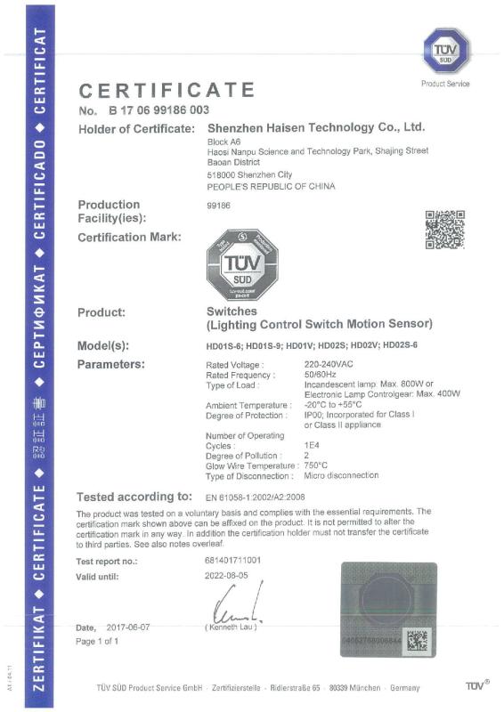 TUV CERTIFICATE - Shenzhen Haisen Technology Co.,Ltd