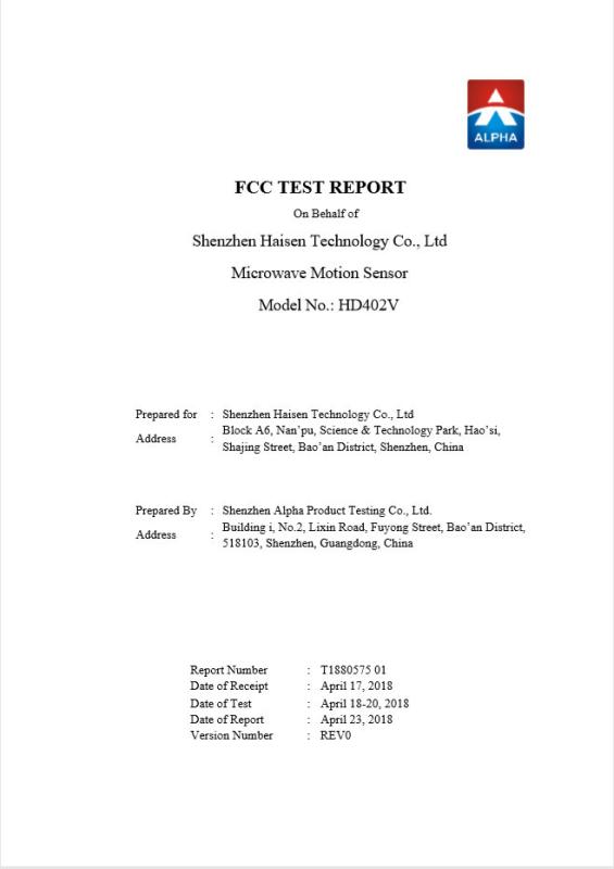 FCC TEST REPORT - Shenzhen Haisen Technology Co.,Ltd