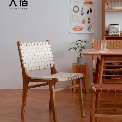 China Cooling Dreamhause Nordic Solid Wood Saddle Leather Woven Dining Chair With Retro Backrest Simple Dining Chair for sale