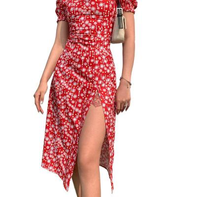 China 2021 Summer Women's Polka Dot Print Neckline Short Sleeve Anti-wrinkle Square Edge Split Long Slim Waist Chiffon Dress for sale