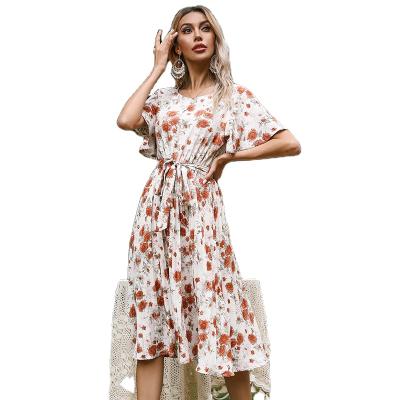 China New Summer Fashion Anti-wrinkle Printing Lotus Leaf Loose Sleeve Around Neck Dress Women for sale