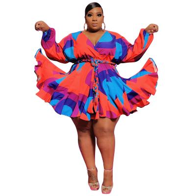 China New viable summer plus size african dress ladies long sleeve tie dye printed puff sleeve ruffled ladies dress with belt v neckline dress for sale