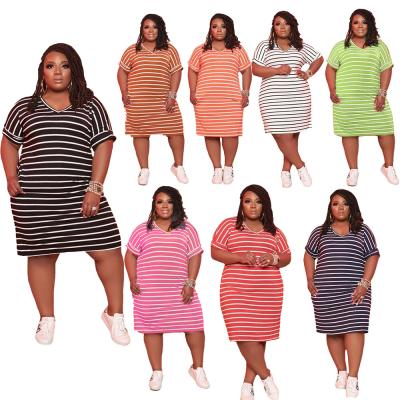 China Sustainable Summer Casual Plus Size Women's Dress Striped Printed Dress L-5XL Ladies Casual Home Wear Loungewear for sale