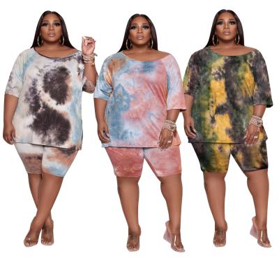 China Anti-pilling fashion new plus size women casual tie-dye summer T-shirt sports two-piece summer shorts suit female suit for sale