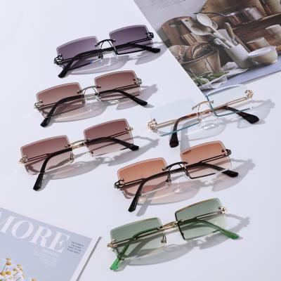 China Internet Celebrity Recommend Cutting Hot Unisex Rimless Tinted Glass Rectangle Sun Glasses Men Sunglasses High Quality for sale