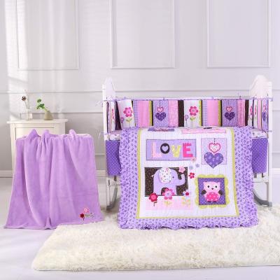 China Disposable Purple Elephant Crib Set Flower Birds Elephant Crib Bedding Sets 8 Pieces For Babies And Boys With Blanket for sale