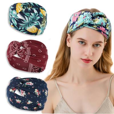 China High Quality Wide Brim Cross Headband Ladies Knitting Bohemian Print Absorb Sports Yoga Sweat Turban for sale