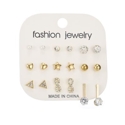 China High Quality Mixed Designs Exquisite Geometric Rhinestone Stud Earrings Set 9 Pairs Women Gold Plated Stud Earrings Jewelry for sale