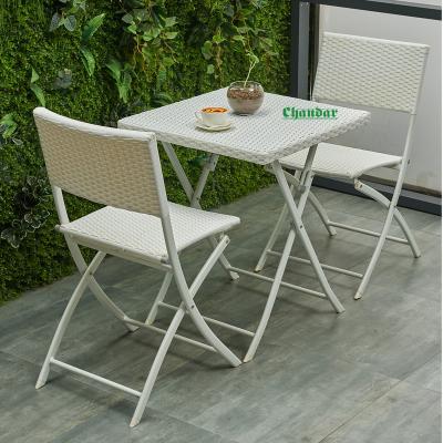 China Balcony Set Cheap Modern Outdoor Garden Ratan Folding Furniture Sets White Plastic Rattan Folding Chairs And Table for sale