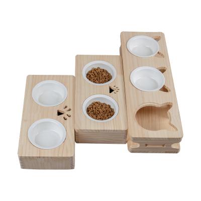 China Sustainable Elevated Cat Dog Bowls With Wooden Rack With Double Ceramic Bowls Raised Feeder For Pet for sale