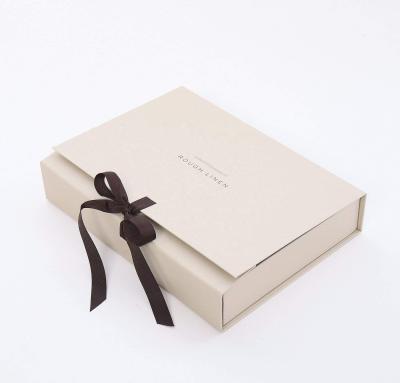 China Recyclable Elegant Beige Rectangle Double Door Sash Gift Box With Ribbon Closure for sale