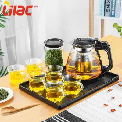 China Free Sample 1700ml+160ml*6 Viable Large Size Lilac Whole Sale Serving Fresh Lemon Leaf Insulated Cup Glass Set Teapot With Tray for sale