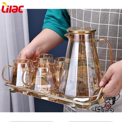 China Free Sample Sustainable Diamond Shape Glass Decanter Jug 1800ml Lilac Pitcher With 6 Pcs Glass Cups for sale