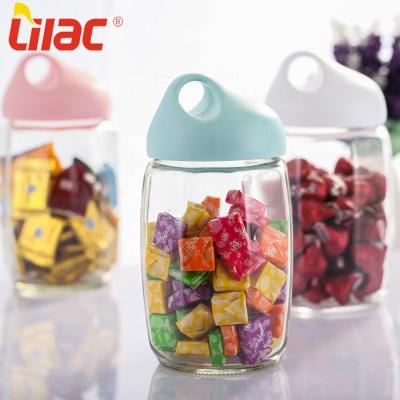 China Free Sample 300ml/500ml/800ml/500ml Fancy Lilac Clear Viable Storage Container Airtight Cute Transparent Glass Cookie Jars With Colorful Lid for sale