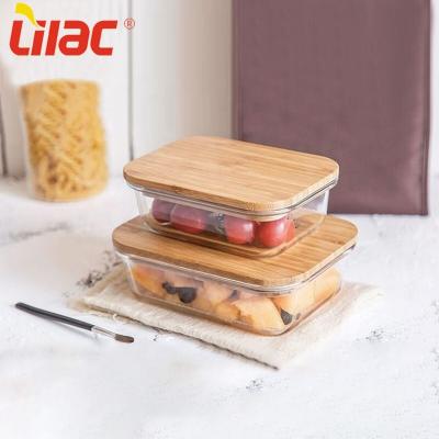 China Free Sample 370ml 640ml 1040ml 1520ml Freshness Preservation Lilac Square Rectangle Round Borosilicate Glass Food Storage Container With Bamboo Lid for sale