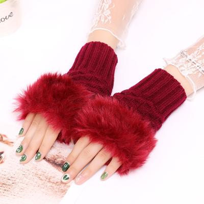 China Simple Knitted Faux Rabbit Fur Mittens Women Gloves Winter Fingerless Arm Warmer Knitted Gloves for sale