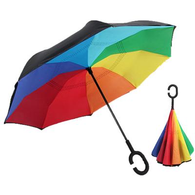 China YS-8059 High Quality Custom Printed Rainbow Reverse Umbrella Reverse Umbrella Double Layer Logo Handle Windproof c for sale