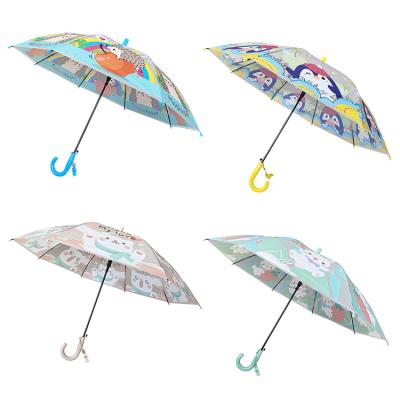 China Hot Selling Minimalist YS-6019 Umbrella For Children POE/PVC Fabric Cartoon Animals Printing Kids Automatic Open Umbrella With Whistle for sale