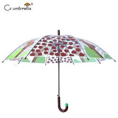 China YS-6008 factory wholesale custom clear cute animal print kids animal printing waterproof transparent umbrella POE kids umbrella for sale