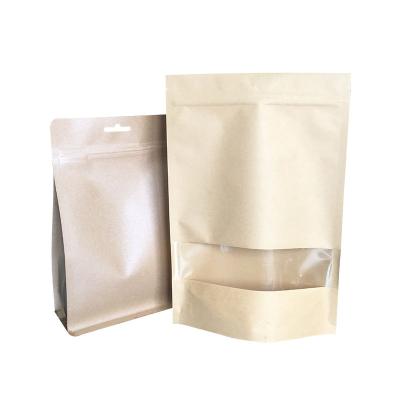 China Recycled Materials Kraft Paper Bags With Window Stand Up Bag Zip Seal Large Resealable Paper Bag Food Storage Pouch for sale