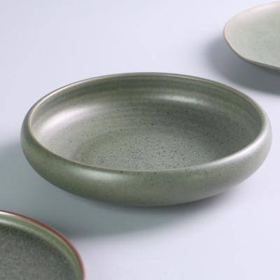 China Hotel Tableware Wholesale Green Disk Dinner Plate Soup Unbreakable Round Deep Ceramic Pasta Dish Viable Ceramic Tableware Wholesale for sale