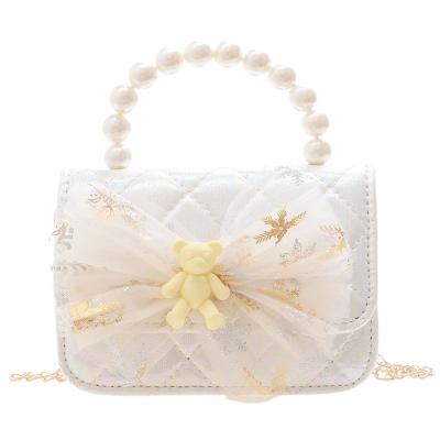 China New fashionable children's bag fashion princess bow pearl handbag Korean version girl's foreign cross-body bag for sale