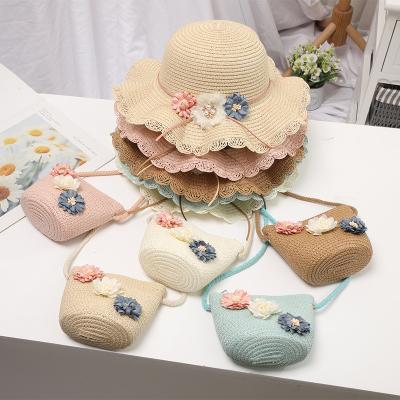 China Summer Girls Beach Straw Wave Hat Sunshade Fashion Sun Bag Cubs Cool Sunshade Children Hat and Bag Cool Suit for sale