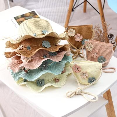 China New Girl's Summer Fashion Straw Hat Lace Big Earmuffs Parent-child Hat Travel Flower Lace Pendant Bag Set for sale