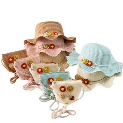 China Fashion Girl's Child Baby Kids Summer Vacation Sun Hat Sunscreen Straw Hat Bag Set Wide Brimmed Hat And Bag Sets for sale