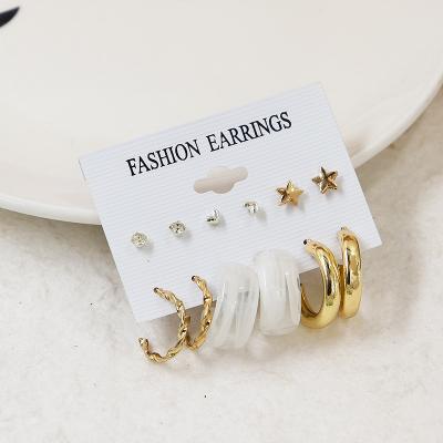 China Simple Love Acrylic Border Fast Delivery Five-pointed Star Stud Earrings Set Of 6 Pairs Of Female French Metal C-Shaped Earrings for sale