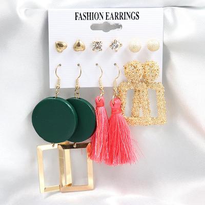 China Fast Delivery New Border Geometric Tassel Frosted Earrings Combination Set Simple Wood Peach Water Diamond Earrings 6 Piece Set for sale