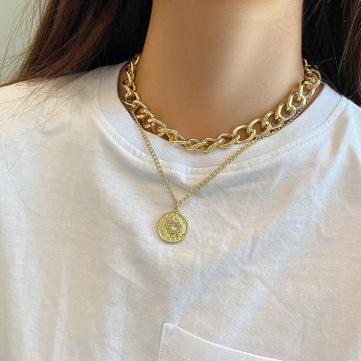 China European and American Europe and America retro portrait pendant exaggerated thick chain necklace double layer personality hip-hop short necklace for sale