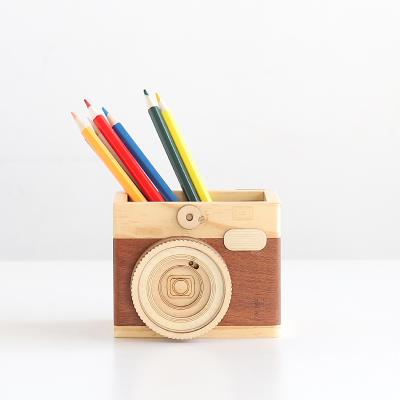 China New Small Europe Camera Shape Pen Holder Debris Storage Box Household Wooden Organizer Box Student European Creative Office Stationery for sale