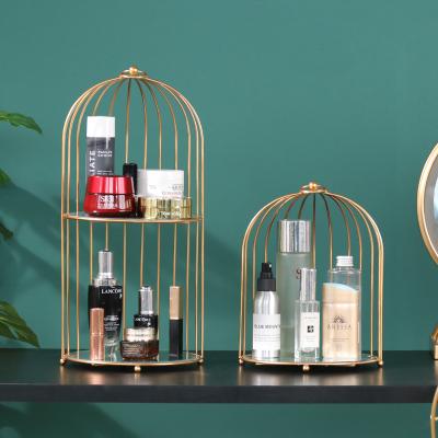 China Creative Stored Gold Birdcage Desktop Storage Rack Skin Care Product Display Storage Double Cosmetic Storage Table Ins. for sale