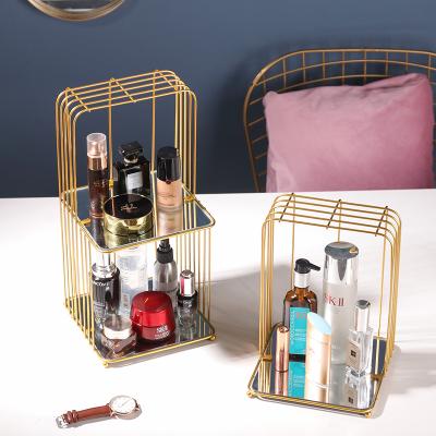 China Bedroom Creative Golden Luxury Dressing Table Is Double Stored Skin Care Cosmetics Rack Storage Light Luxury Desktop Finishing Rack for sale