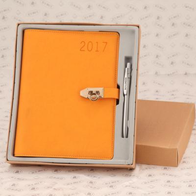 China Custom Logo Yellow Brown Orange A5 B5 Leather Ring Notebook With Lock For Gift Loose Leaf Faux Agenda Hardcover Book With Box And Pen for sale