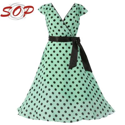 China Elegant Dry Cleaning Cap Sleeve Ladies Dress Polka Dot Dress Design Long Dress With Belt for sale