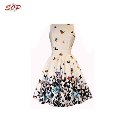 China Sustainable Online Shopping Tea Party Collection For Lovely Classic White Butterfly Print Lady Dress for sale