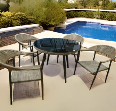 China Modern Outdoor Rattan Dining Chair Table Set Outdoor Bistro Outdoor Table Sets Outdoor Round Metal Table Set for sale